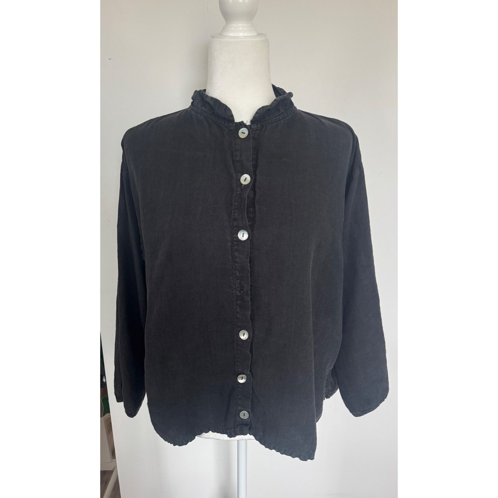 Subtle Tones Black Linen Ruffle Collar Button Down Shirt ML Charocal Boxy Top